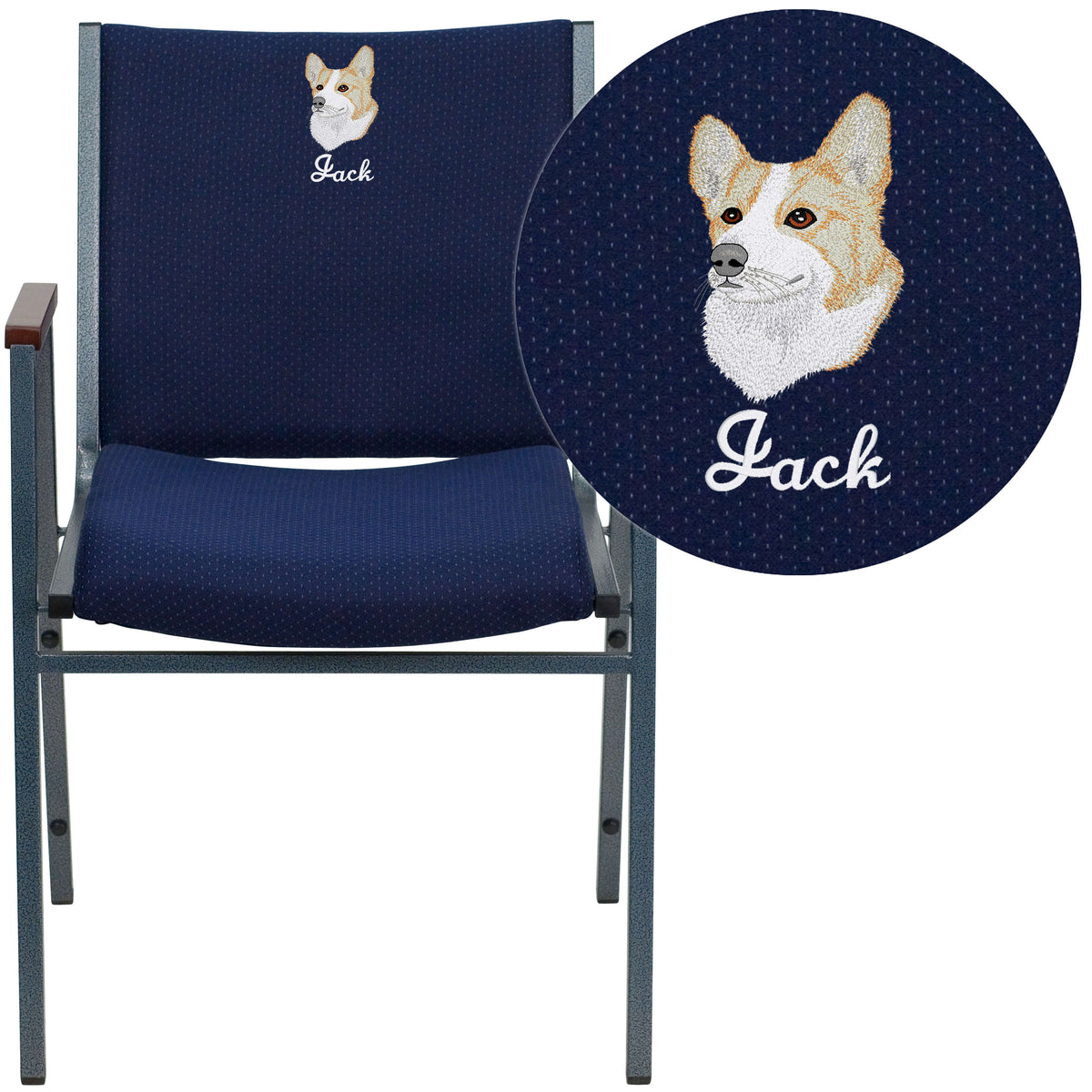 Navy Patterned Fabric |#| EMB Heavy Duty Navy Blue Dot Fabric Stack Chair with Arms - Reception Furniture