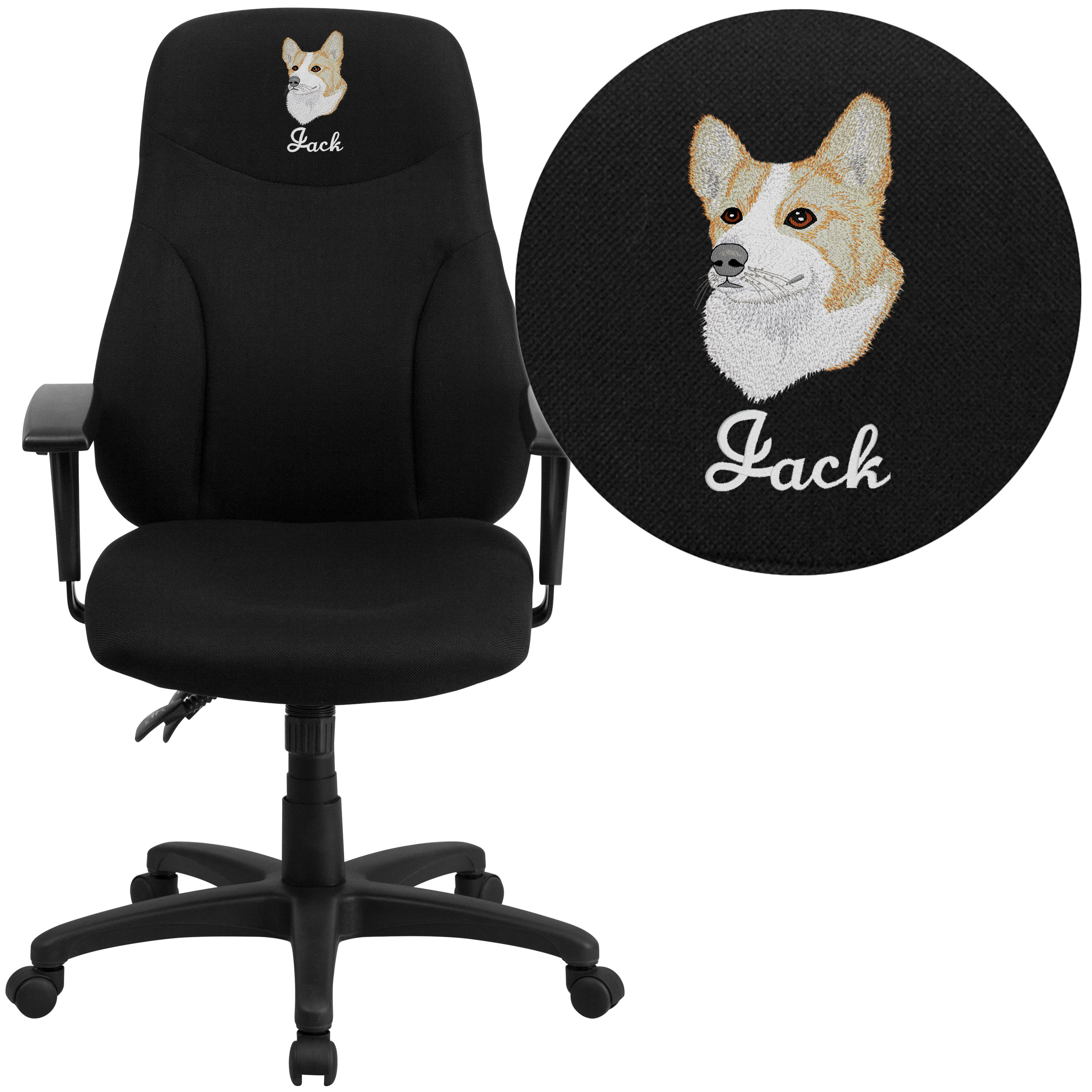 Embroidered High Back Fabric Multifunction Task Chair with Adjustable Arms - Thumbnail 3