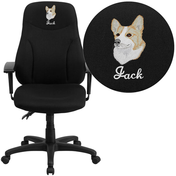 Embroidered High Back Black Fabric Multifunction Task Chair with Adjustable Arms