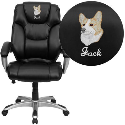 Embroidered High Back LeatherSoft Layered Upholstered Executive Swivel Ergonomic Office Chair with Silver Nylon Base and Arms
