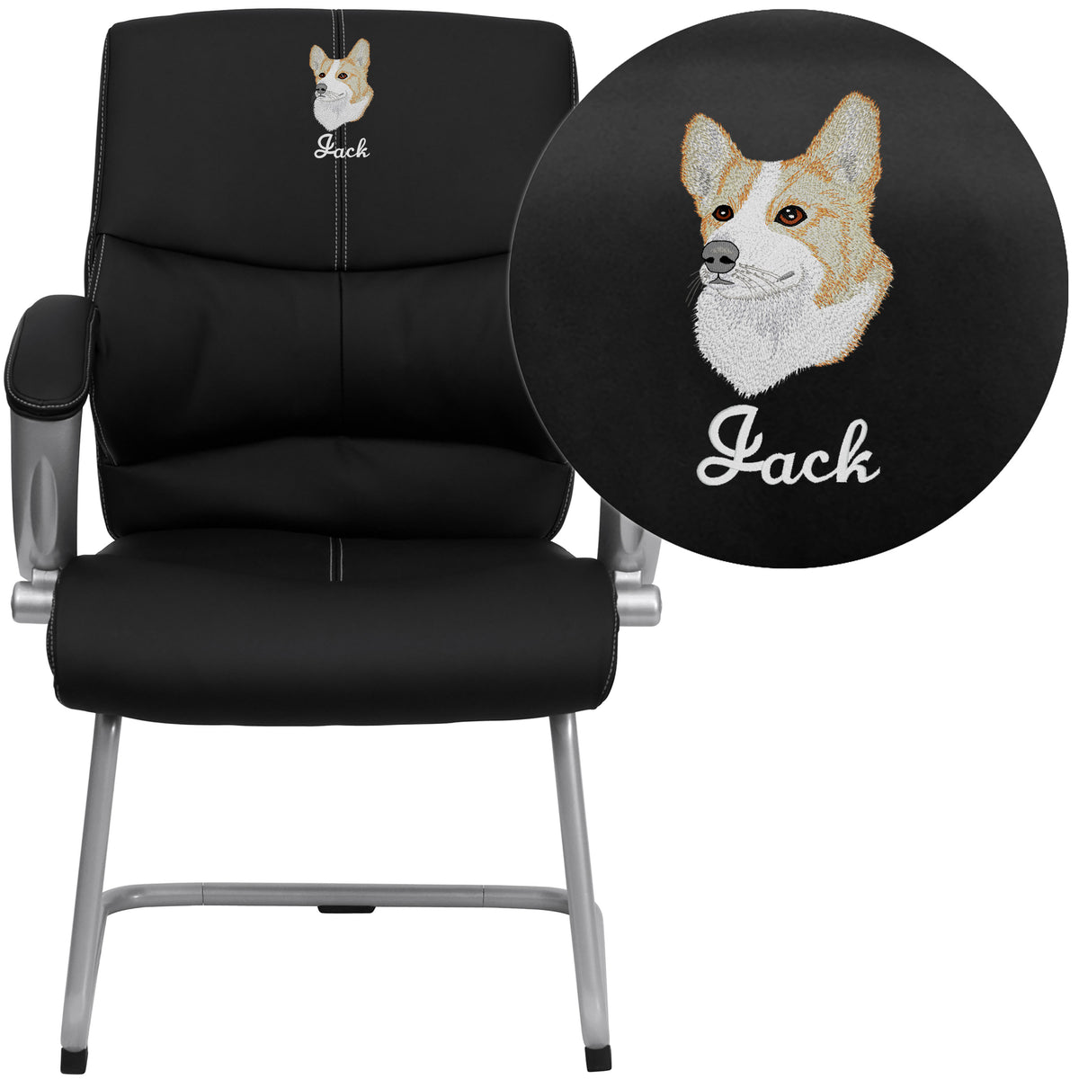 Embroidered Black LeatherSoft Executive Side Reception Chair w/Silver Sled Base