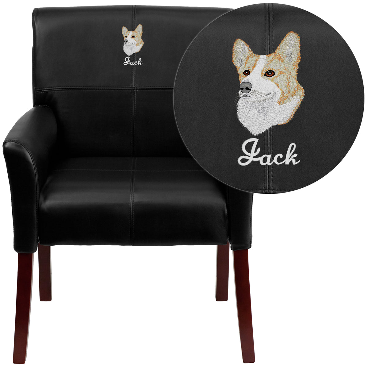 Black |#| Embroidered Black LeatherSoft Executive Side Reception Chair with Mahogany Legs