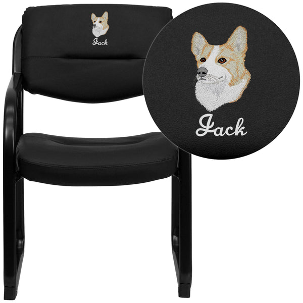 Embroidered Black LeatherSoft Executive Side Reception Chair with Sled Base