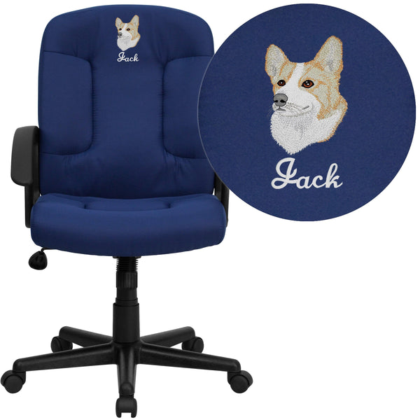 Navy |#| Embroidered Mid-Back Navy Fabric Executive Swivel Office Chair with Nylon Arms