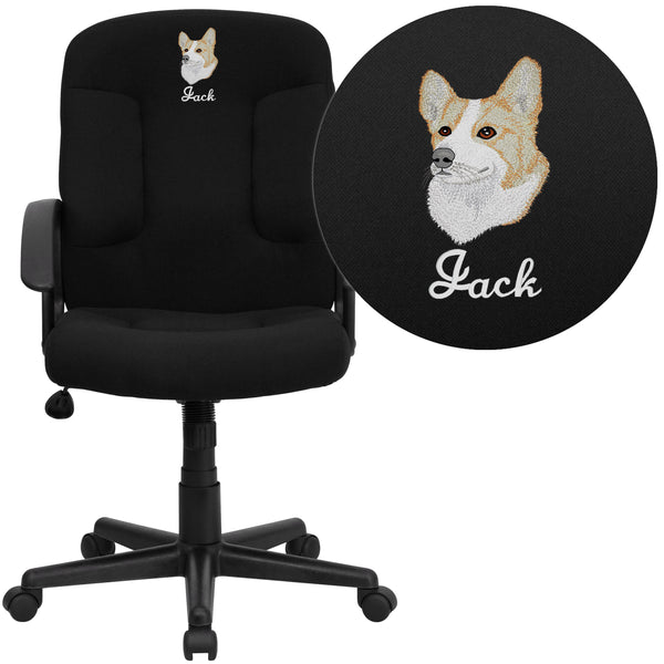 Black |#| Embroidered Mid-Back Black Fabric Executive Swivel Office Chair with Nylon Arms