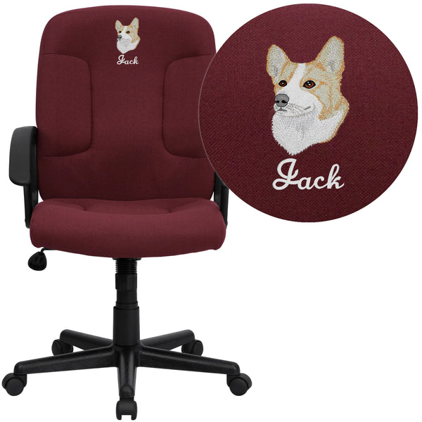 Burgundy |#| Embroidered Mid-Back Burgundy Fabric Executive Swivel Office Chair w/ Nylon Arms