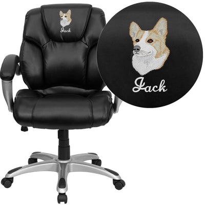 Embroidered Mid-Back LeatherSoft Layered Upholstered Executive Swivel Ergonomic Office Chair with Silver Nylon Base and Arms