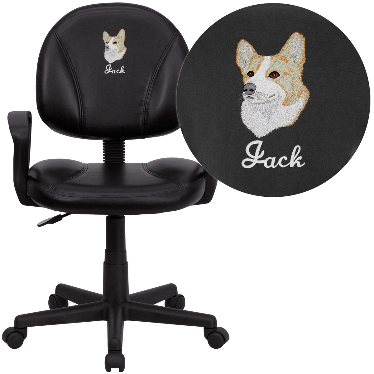 Embroidered Mid-Back Black LeatherSoft Swivel Ergonomic Office Chair w/Arms