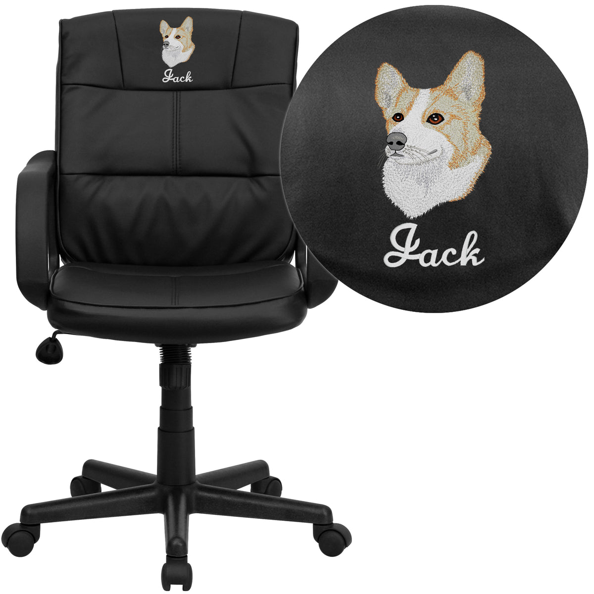 Embroidered Mid-Back Black LeatherSoft Swivel Task Office Chair with Arms