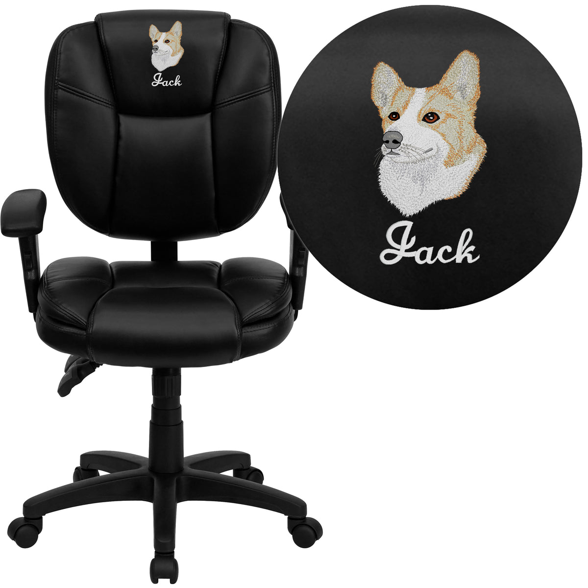 Black LeatherSoft |#| EMB Mid-Back Black LeatherSoft Multifunction Pillow Cushioned Office Chair