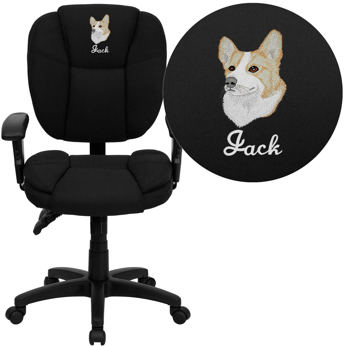 Black Fabric |#| EMB Mid-Back Black Fabric Multifunction Pillow Cushioned Ergonomic Office Chair