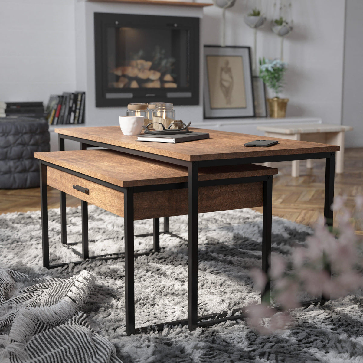 2 Piece Nesting Coffee Tables Set in Walnut with Black Steel Sled Style Frames