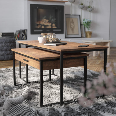 Emerson 2 Piece Modern Nesting Coffee Table Set with Storage Drawer and Sled Base Metal Frames - View 2