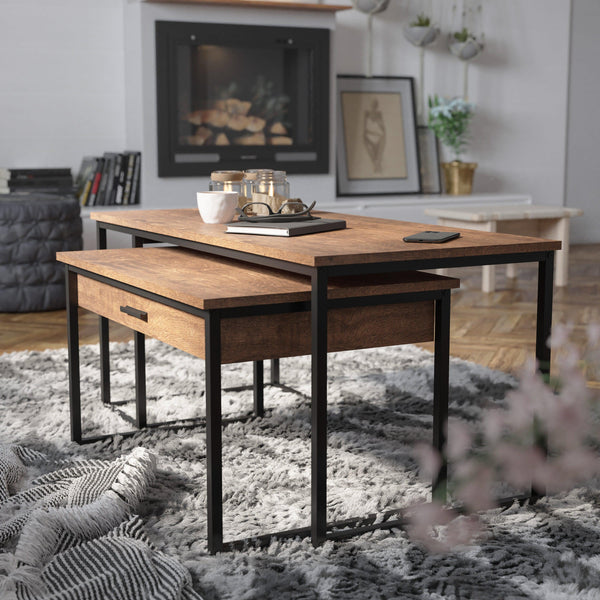 2 Piece Nesting Coffee Tables Set in Walnut with Black Steel Sled Style Frames