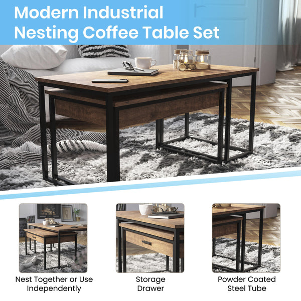 2 Piece Nesting Coffee Tables Set in Walnut with Black Steel Sled Style Frames