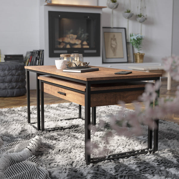 2 Piece Nesting Coffee Tables Set in Walnut with Black Steel Sled Style Frames