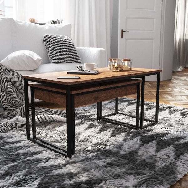 2 Piece Nesting Coffee Tables Set in Walnut with Black Steel Sled Style Frames