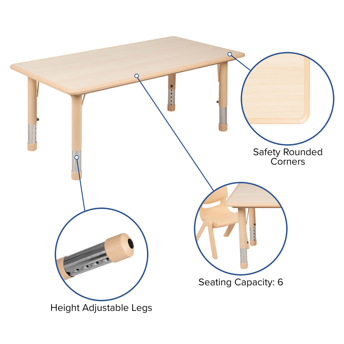 Natural |#| 23.625"W x 47.25"L Rectangle Natural Plastic Activity Table Set with 4 Chairs