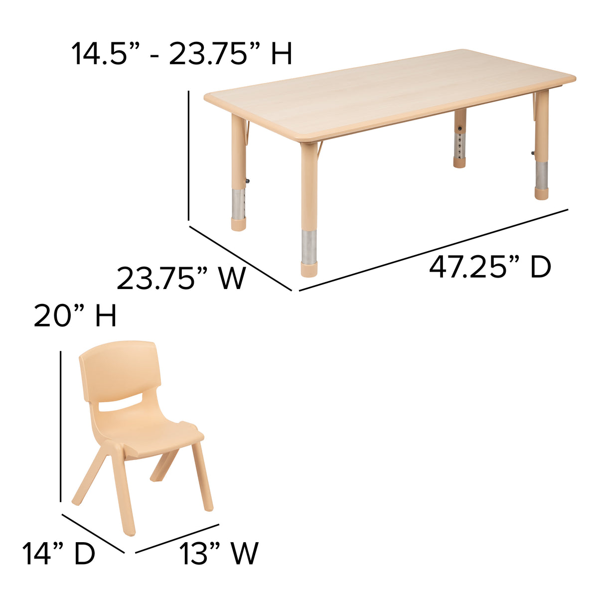 Natural |#| 23.625"W x 47.25"L Rectangle Natural Plastic Activity Table Set with 4 Chairs