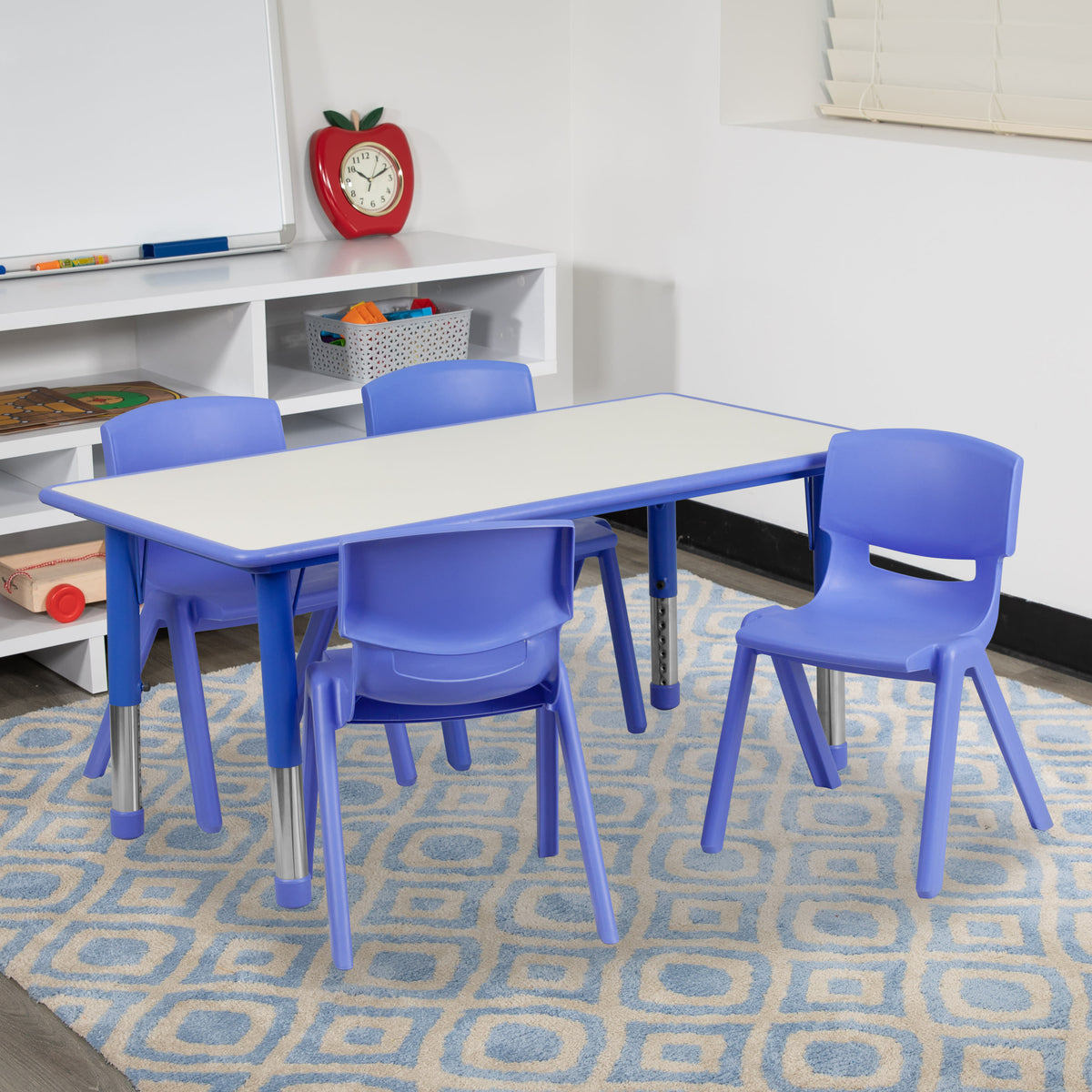 Blue |#| 23.625"W x 47.25"L Rectangular Blue Plastic Activity Table Set with 4 Chairs