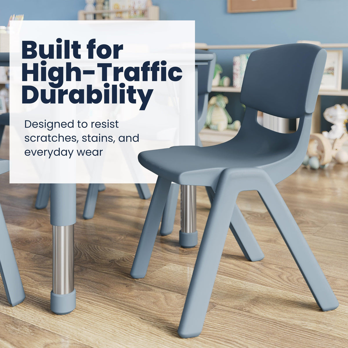 Natural Woodgrain/Dusty Blue |#| 7 PC Plastic Activity Table and 6 Chairs Set, 10.5"Seat Height-Dusty Blue