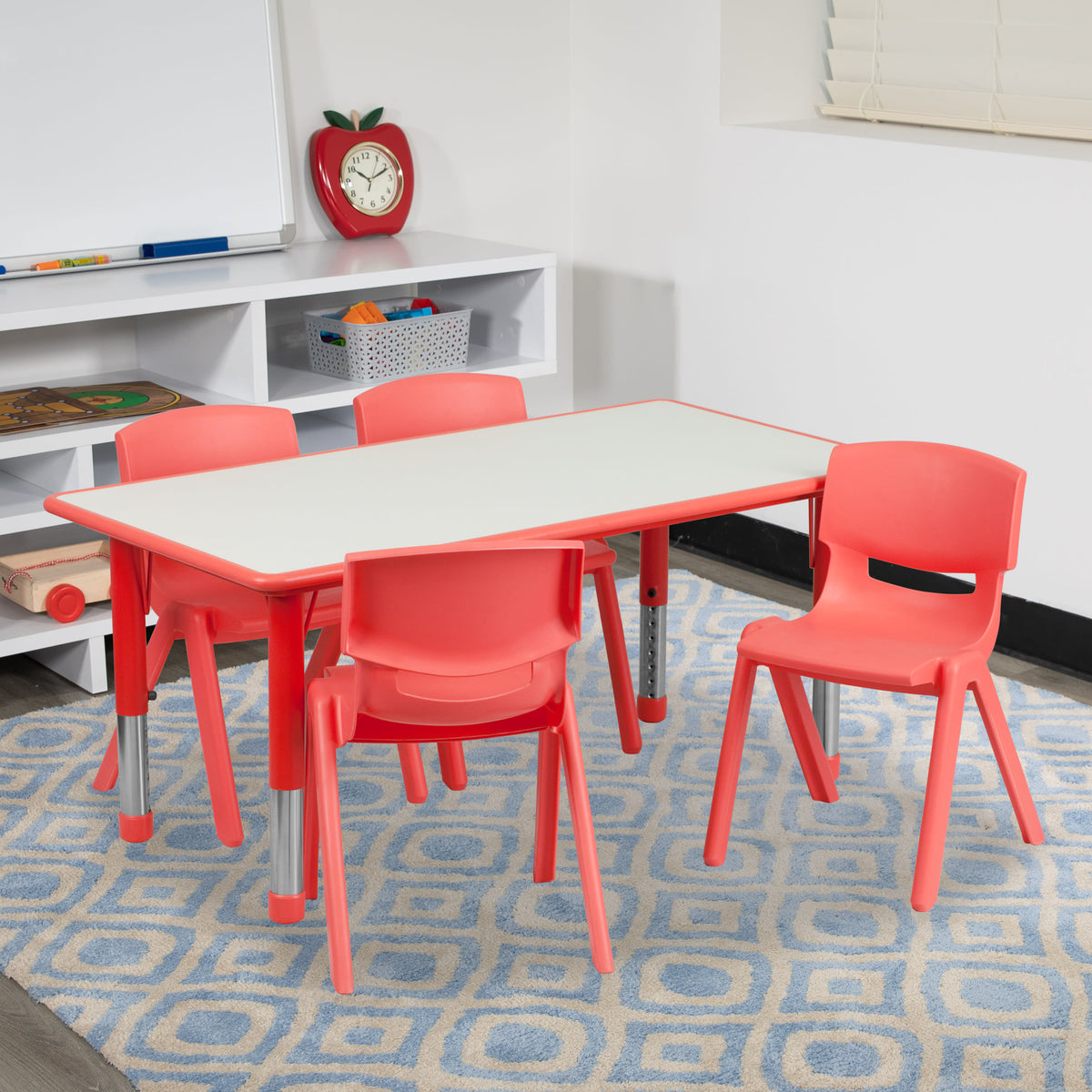 Red |#| 23.625"W x 47.25"L Rectangular Red Plastic Activity Table Set with 4 Chairs