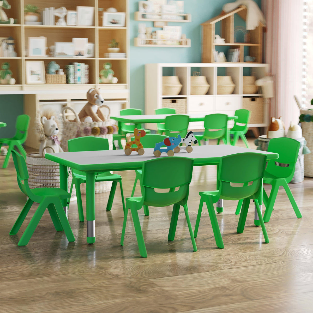 Green |#| 23.625"W x 47.25"L Rectangular Green Plastic Activity Table Set with 6 Chairs