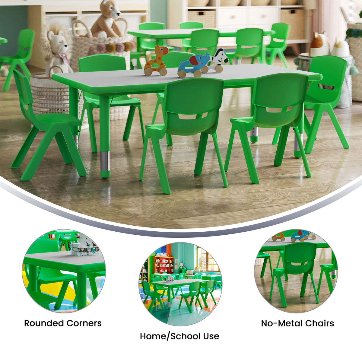 Green |#| 23.625"W x 47.25"L Rectangular Green Plastic Activity Table Set with 6 Chairs