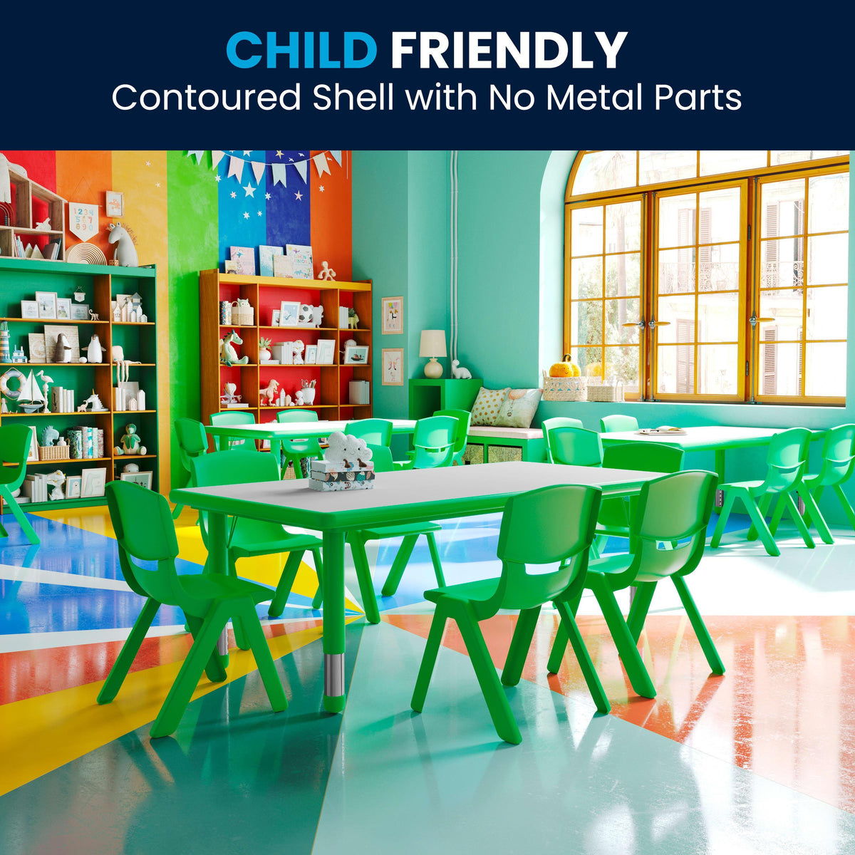 Green |#| 23.625"W x 47.25"L Rectangular Green Plastic Activity Table Set with 6 Chairs