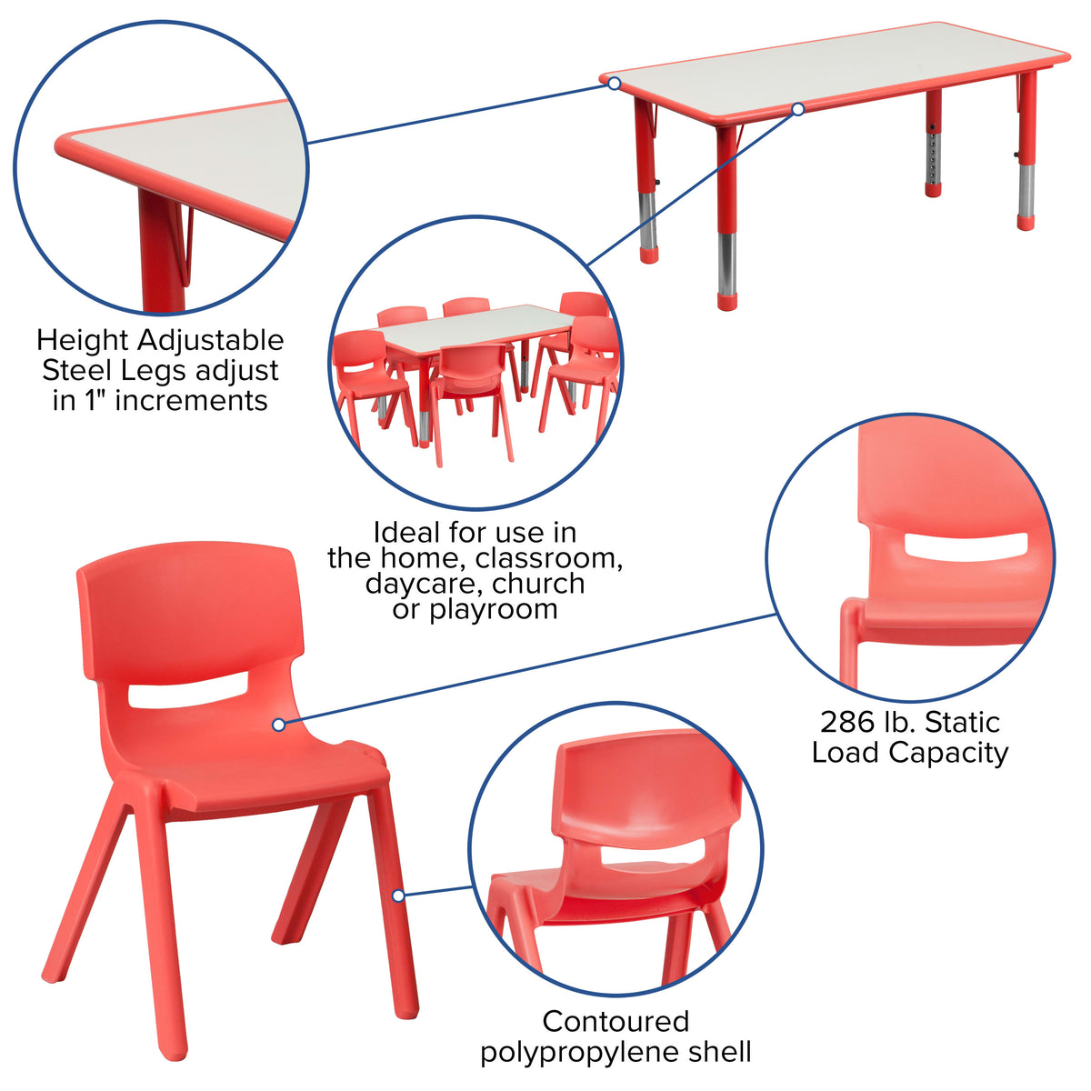 Red |#| 23.625"W x 47.25"L Rectangular Red Plastic Activity Table Set with 6 Chairs