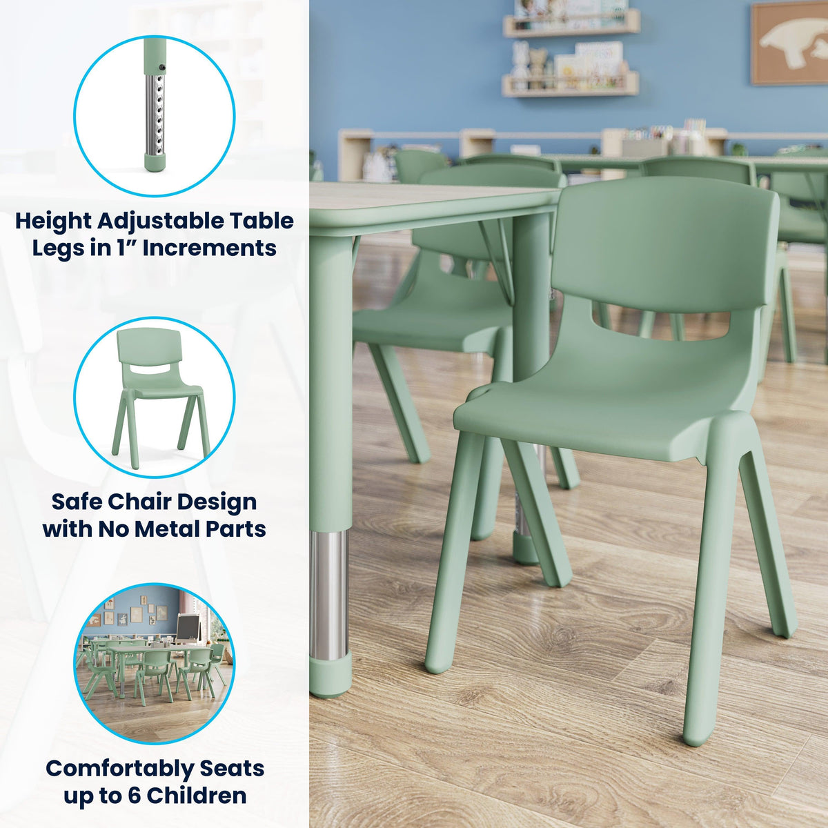 Light Gray Woodgrain/Sage |#| 7 PC Plastic Activity Table and 6 Chairs Set, 10.5"Seat Height-Sage