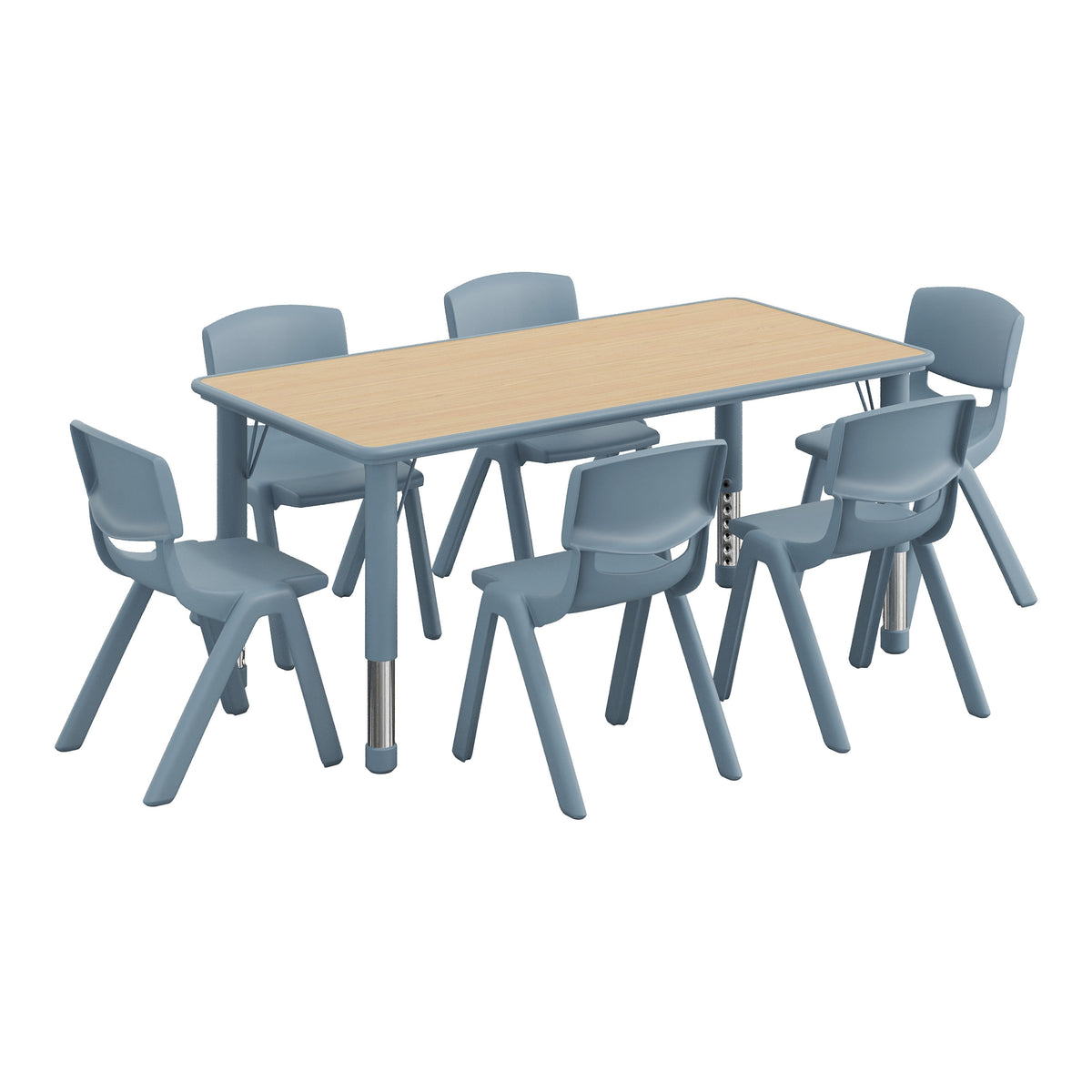 Natural Woodgrain/Dusty Blue |#| 7 PC Plastic Activity Table and 6 Chairs Set, 10.5"Seat Height-Dusty Blue