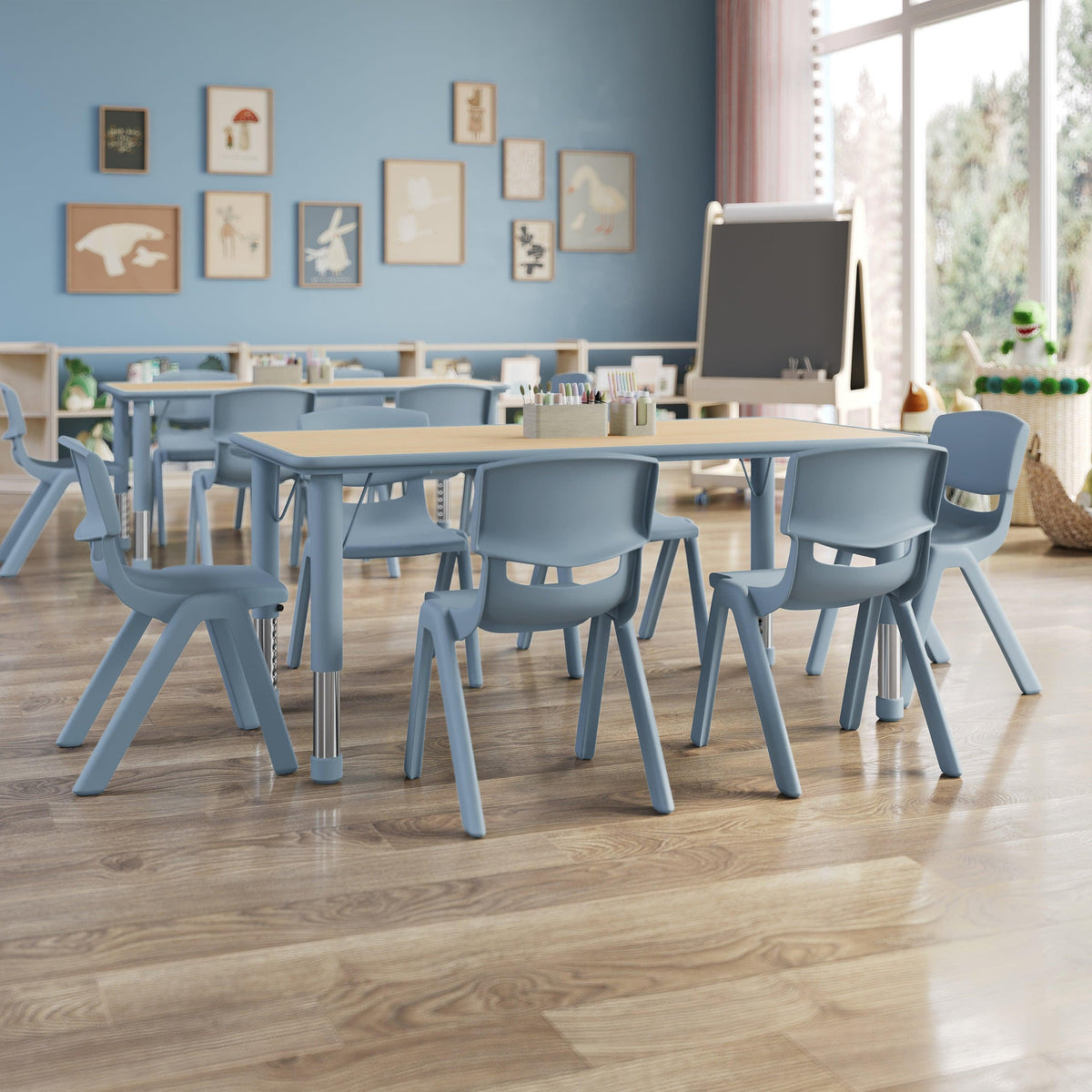 Natural Woodgrain/Dusty Blue |#| 7 PC Plastic Activity Table and 6 Chairs Set, 10.5"Seat Height-Dusty Blue
