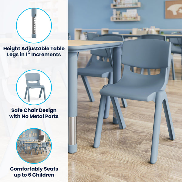 Natural Woodgrain/Dusty Blue |#| 7 PC Plastic Activity Table and 6 Chairs Set, 10.5"Seat Height-Dusty Blue