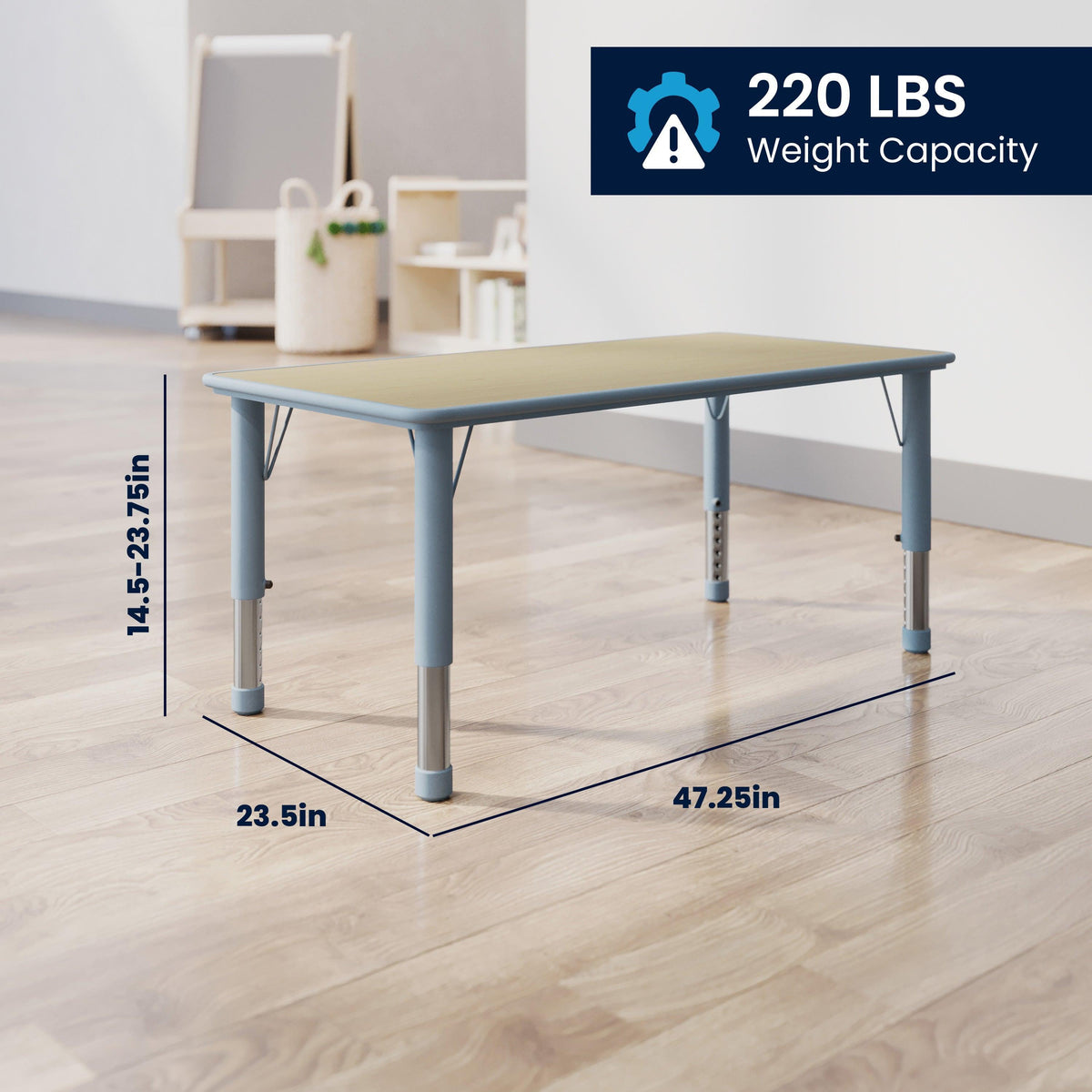 Natural Woodgrain/Dusty Blue |#| 7 PC Plastic Activity Table and 6 Chairs Set, 10.5"Seat Height-Dusty Blue