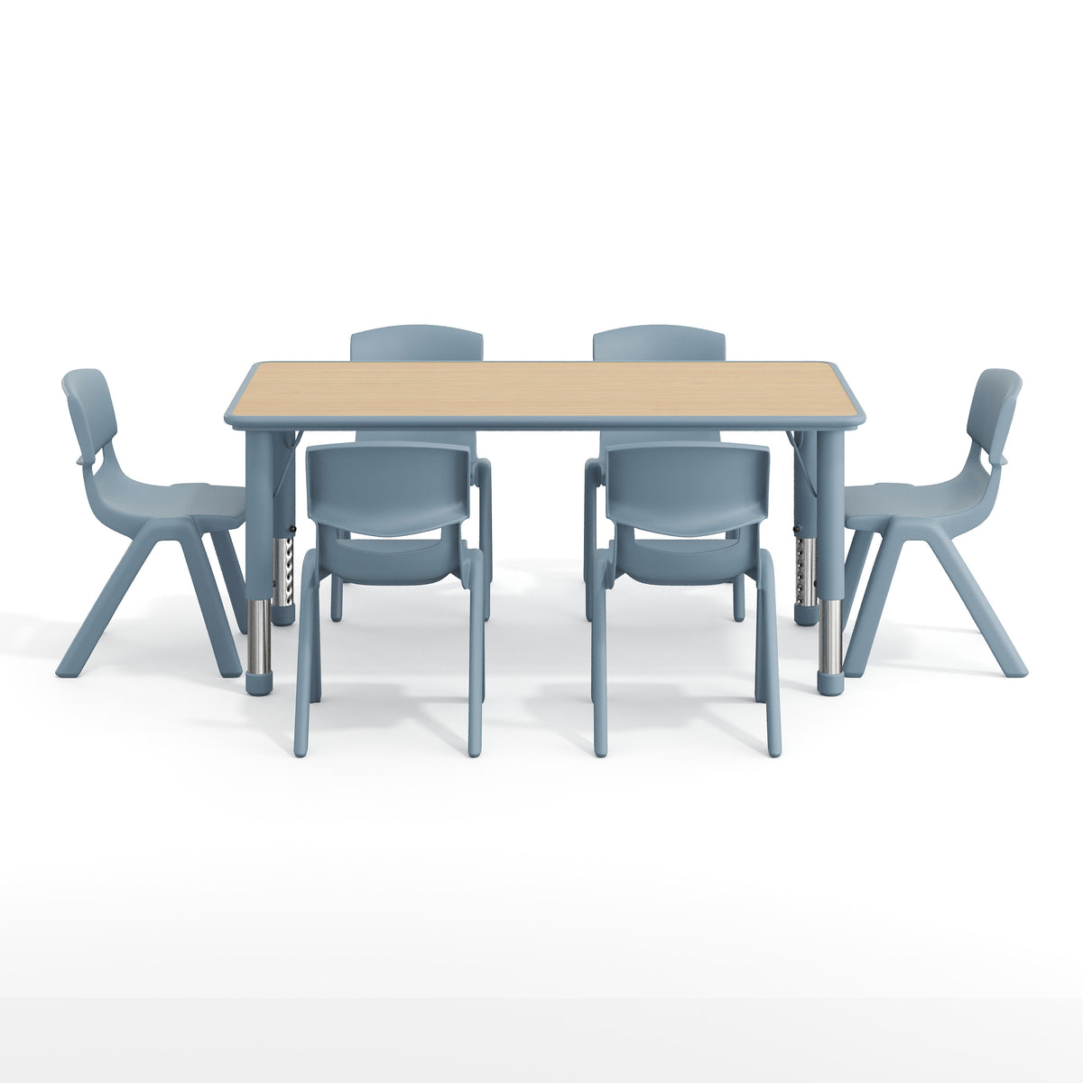 Natural Woodgrain/Dusty Blue |#| 7 PC Plastic Activity Table and 6 Chairs Set, 10.5"Seat Height-Dusty Blue