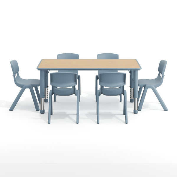 Natural Woodgrain/Dusty Blue |#| 7 PC Plastic Activity Table and 6 Chairs Set, 10.5"Seat Height-Dusty Blue