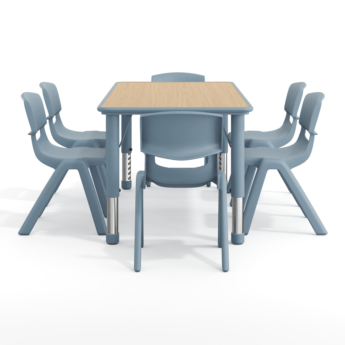 Natural Woodgrain/Dusty Blue |#| 7 PC Plastic Activity Table and 6 Chairs Set, 10.5"Seat Height-Dusty Blue