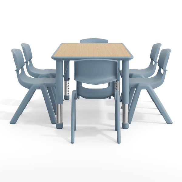 Natural Woodgrain/Dusty Blue |#| 7 PC Plastic Activity Table and 6 Chairs Set, 10.5"Seat Height-Dusty Blue