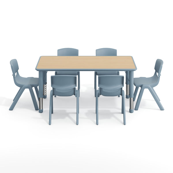 Natural Woodgrain/Dusty Blue |#| 7 PC Plastic Activity Table and 6 Chairs Set, 10.5"Seat Height-Dusty Blue