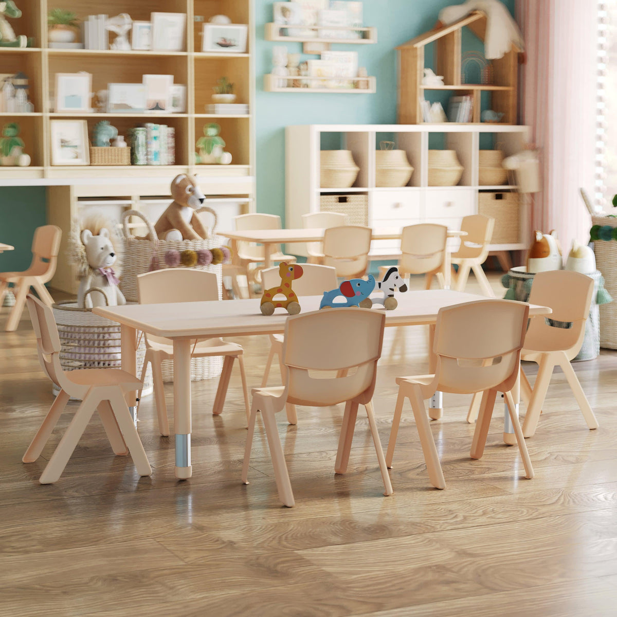 Natural |#| 23.625"W x 47.25"L Rectangle Natural Plastic Activity Table Set with 6 Chairs