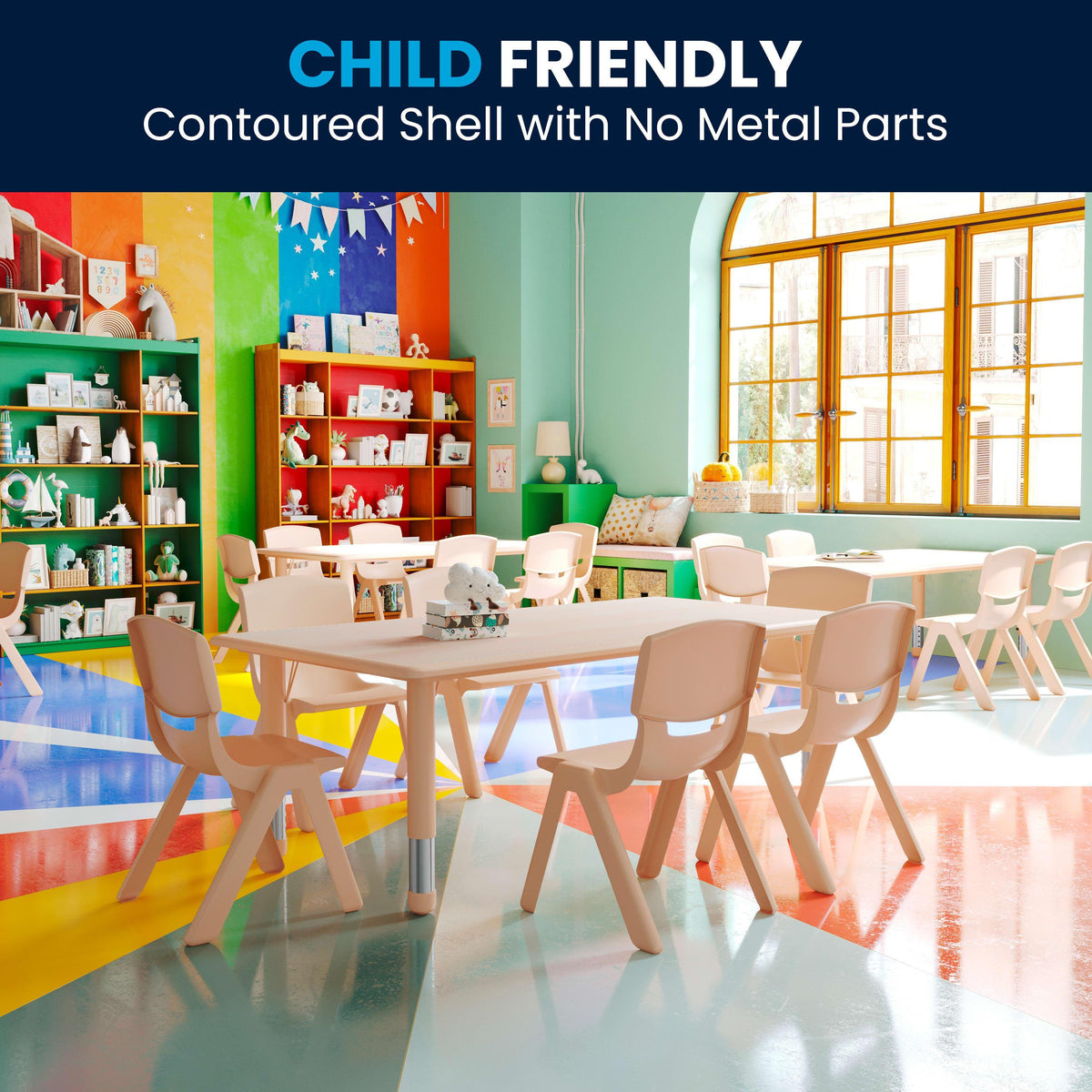 Natural |#| 23.625"W x 47.25"L Rectangle Natural Plastic Activity Table Set with 6 Chairs