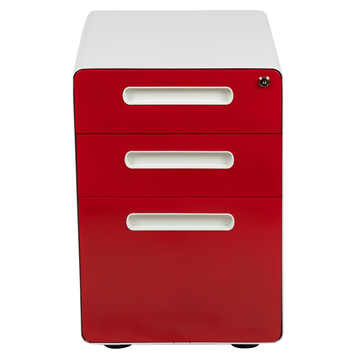 White and Red |#| Ergonomic 3-Drawer Mobile Locking Filing Cabinet-White with Red Faceplate