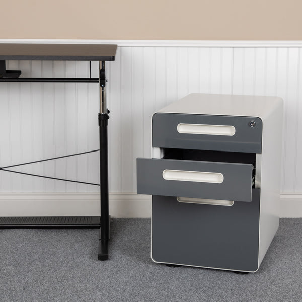 White and Charcoal |#| Ergonomic 3-Drawer Mobile Locking Filing Cabinet-White with Charcoal Faceplate