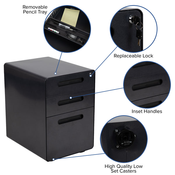 Black |#| Ergonomic 3-Drawer Mobile Locking Filing Cabinet Storage Organizer-Black
