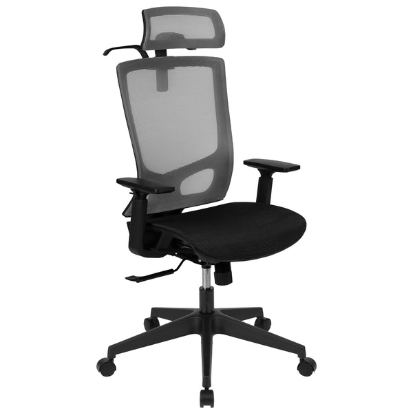 Gray |#| Ergonomic Gray/Black Mesh Office Chair-Synchro, Pivot Headrest, Adjustable Arms