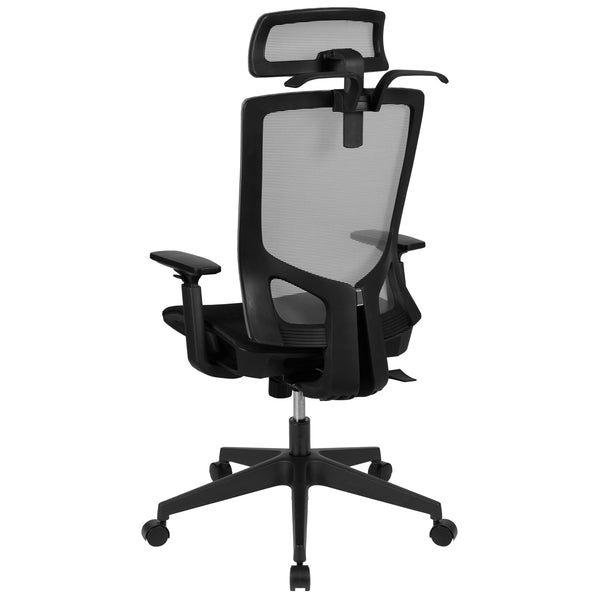 Gray |#| Ergonomic Gray/Black Mesh Office Chair-Synchro, Pivot Headrest, Adjustable Arms