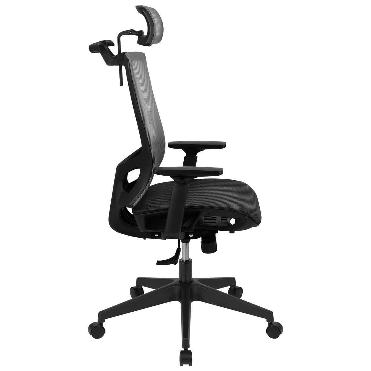 Gray |#| Ergonomic Gray/Black Mesh Office Chair-Synchro, Pivot Headrest, Adjustable Arms