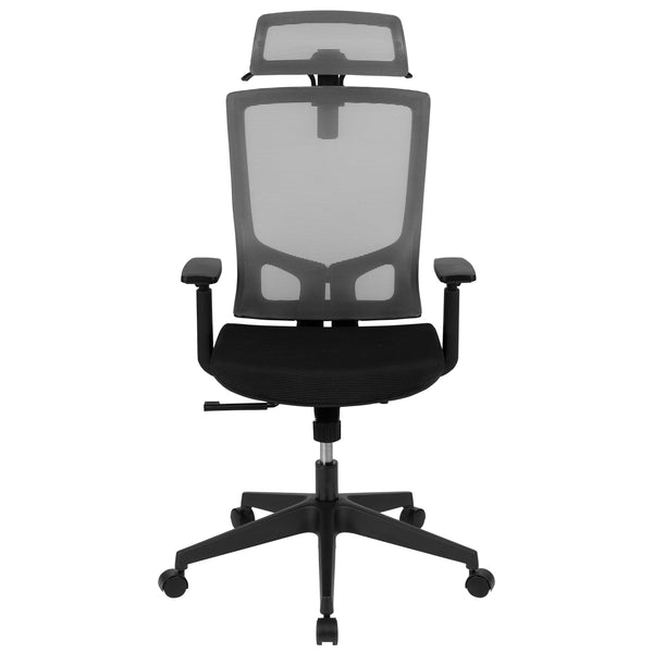 Gray |#| Ergonomic Gray/Black Mesh Office Chair-Synchro, Pivot Headrest, Adjustable Arms