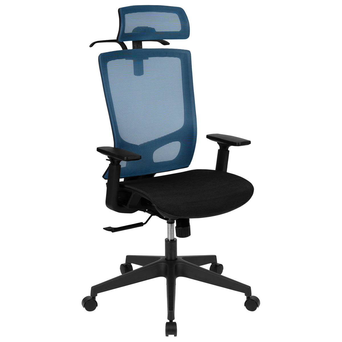 Blue |#| Ergonomic Blue/Black Mesh Office Chair-Synchro, Pivot Headrest, Adjustable Arms